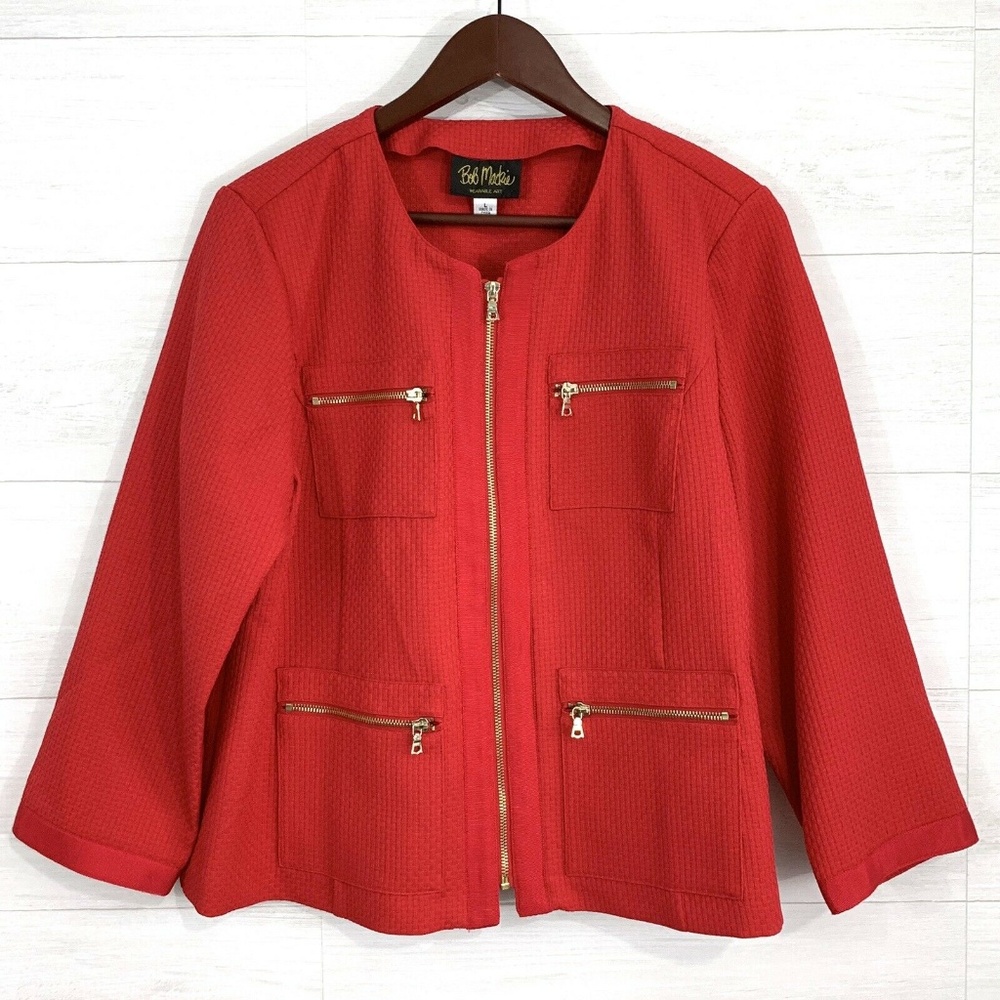 Bob Mackie Red Textured Knit Gold Zippy Blazer - Picture 1 of 7